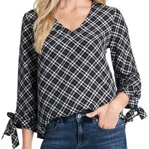 CECE DUPRAZ Elegant Plaid Tie Sleeve Blouse XL